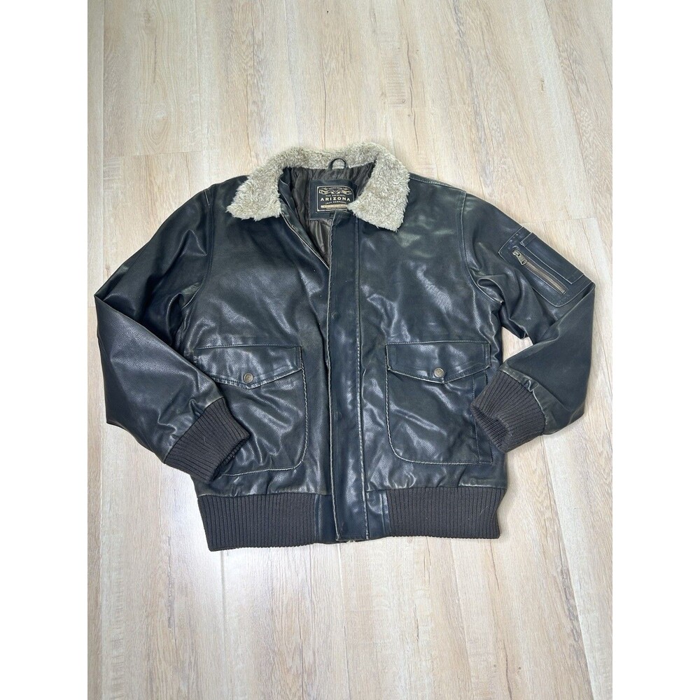 Vintage Arizona Faux Leather Jacket Bomber Sherpa Collar Mens Large Brown